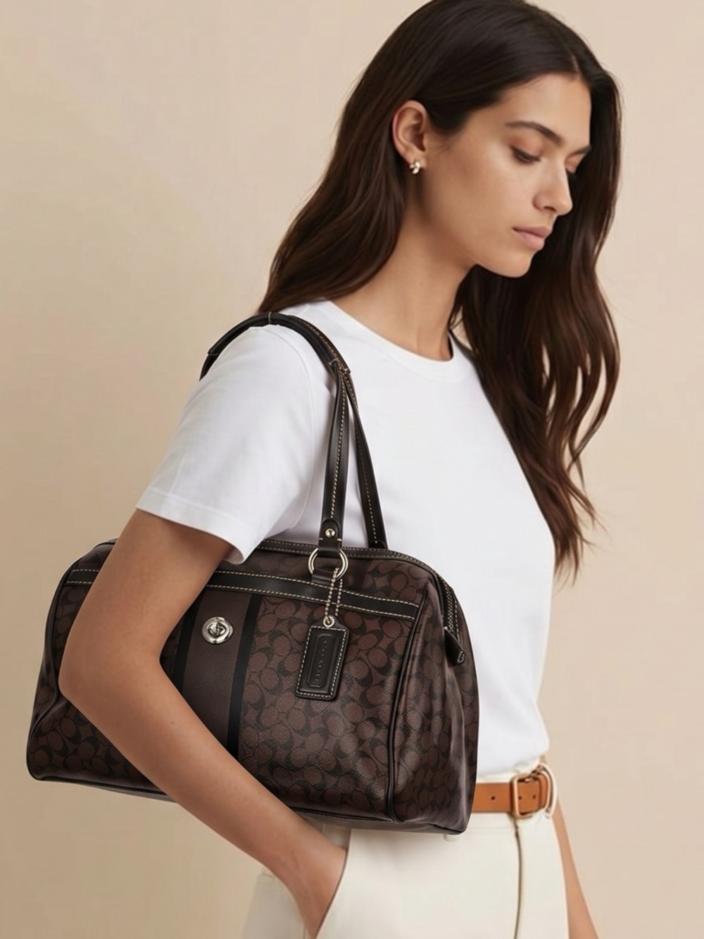 COACH | Signature Leather Shoulder Bag Brown Black Purse Silver Hardware